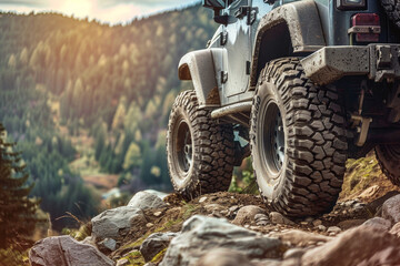 A rugged off-road vehicle navigating a rocky trail.