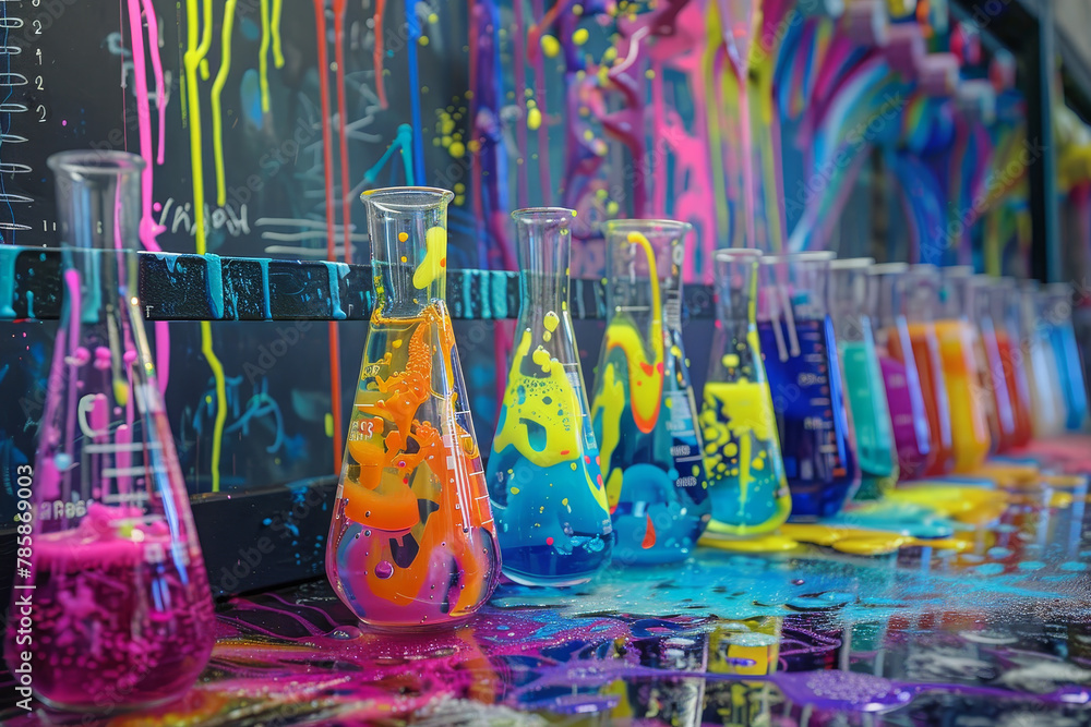 Poster a school science lab with an abstract design, test tubes and beakers filled with colorful liquids sy