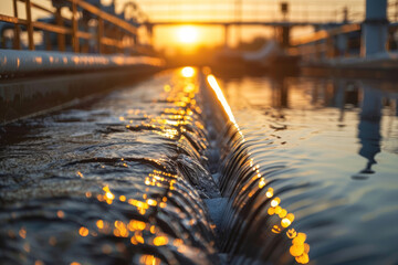 A tidal power station under the soft glow of the setting sun, the moving water symbolizing the...