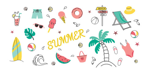 Summer. Hand drawn set of simple colored icons with summer elements. A collection of cartoon icons with one line. 