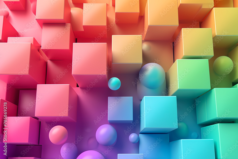 Poster geometric abstraction with a rainbow color scheme. the shapes are cubes and spheres