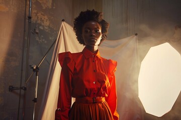 Charming young African American model in an orange blouse and skirt in the studio - Powered by Adobe