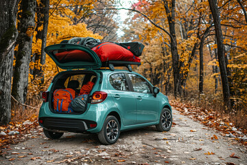 A compact hatchback loaded with camping gear. The car's versatile design and fuel efficiency make it a popular choice for outdoor enthusiasts - obrazy, fototapety, plakaty