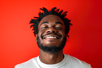 A man with his eyes closed and a smile trying to hold back laughter on a red background