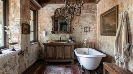 A bathroom with a clawfoot tub and a wrought iron chandelier. The walls are finished in a textured plaster reminiscent of old Tuscan farmhouses. Above the sink an intricately framed .