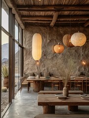 Modern Rustic Dining Area with Natural Decor and Mountain View
