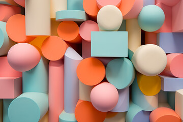 geometric abstraction with a pastel color scheme. The shapes are cylinders and cones