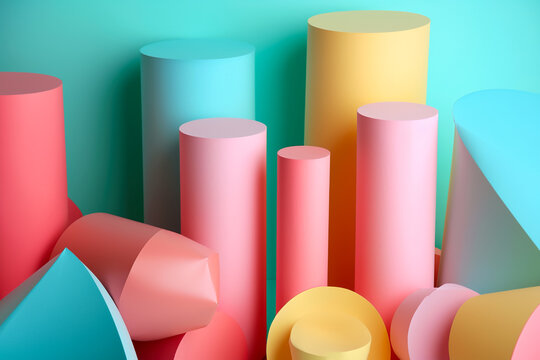 geometric abstraction with a pastel color scheme. The shapes are cylinders and cones