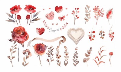 Set of  red elements for wedding invitations with flowers, hearts, leaves, roses. Watercolor illustration.
