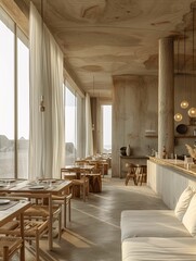 Fototapeta na wymiar Modern Restaurant Interior with Panoramic Windows and Ocean View