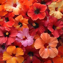 An array of tropical hibiscus in fiery reds and oranges.