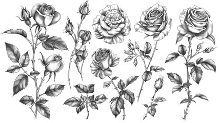 Rose vector set by hand drawing.Beautiful flower on white background isolated background