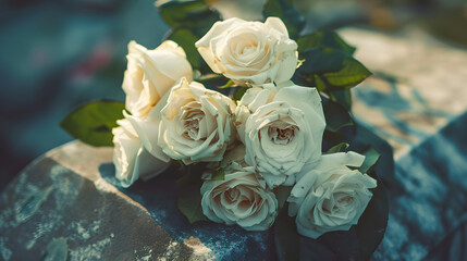Bouquet of white roses laying on marble tombstone in cemetery. Funeral and mourning concept