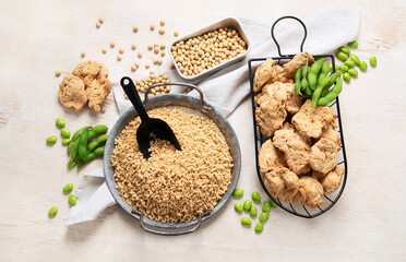 Vegan healthy food. Soy meat with beans on white background