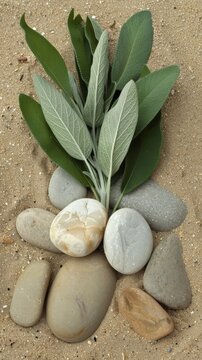 Olive branch and zen stones on sandy background. A serene and peaceful image capturing an olive branch beside smooth stones on a textured sandy surface, symbolizing tranquility and nature simplicity