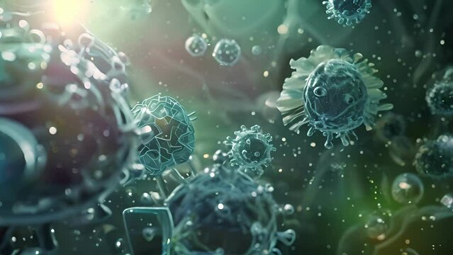 bunch of viruses are floating in the air. The viruses are brown and have a fuzzy appearance, Group of virus cells. 3D illustration, Coronavirus cells