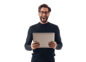 Joyful Man with Tablet on Transparent Background