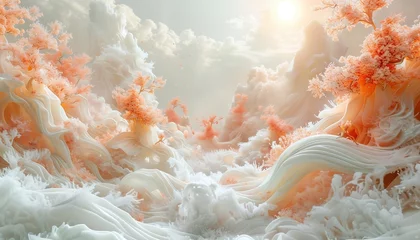 Papier Peint photo Lavable Couleur saumon Beautiful 3D landscape images in Chinese and Japanese style, like being in a dream. generative ai