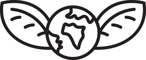 Minimalist Earth With Leaf Wings Outline Icon - Vector Illustration