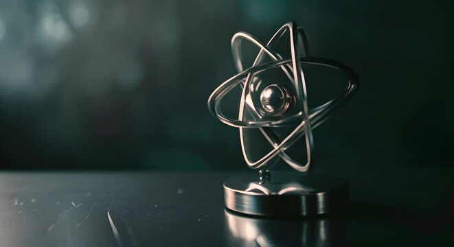 A dark, matte background showcasing a platinum atom model trophy.