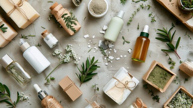 Blurred image of green products including natural skincare items recycled paper goods and organic pantry staples evoking a sense of calm and conscious consumerism. .