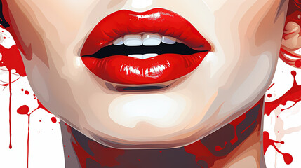 Contemporary Art of Oil Painting of Woman Lips With Splashing Red Liquid Paint Color Lipstick on White Background