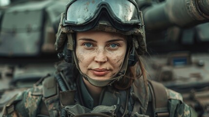 A portrait of a tank crew member wearing a specialized helmet against the backdrop of a tank. - obrazy, fototapety, plakaty