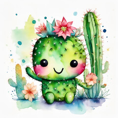 Watercolor and painting Blooming fresh Cactus and flowers succulent plant catoon