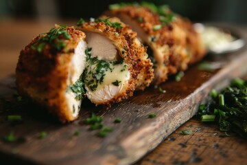 A sliced Chicken Kiev - it's a tender chicken cutlet with a cheesy and buttery filling that melts upon the first cut. Perfect for a culinary magazine.  - obrazy, fototapety, plakaty