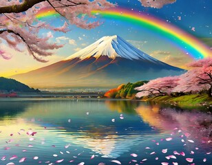 富士山と美しい桜と虹