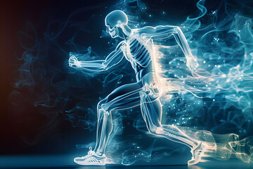 An illustration of orthopedic medical technology showing a man running with an x-ray of his skeleton - obrazy, fototapety, plakaty
