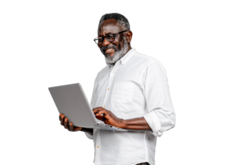 Smiling Man with Laptop on Transparent Background