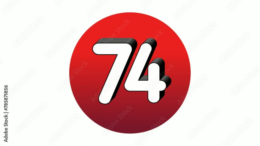Poster 3d number 74 seventy four sign symbol animation motion graphics icon on red sphere on white backgrou