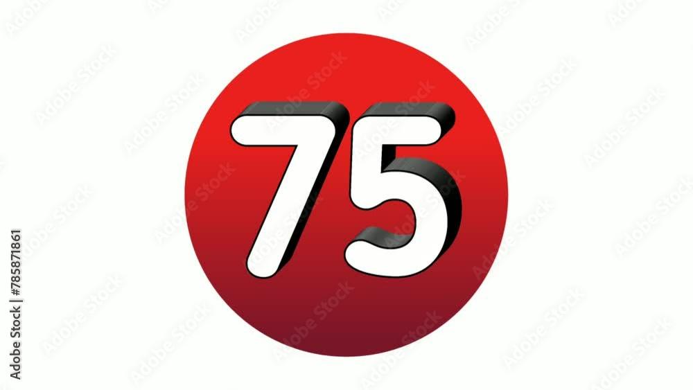 Poster 3d number 75 seventy five sign symbol animation motion graphics icon on red sphere on white backgrou
