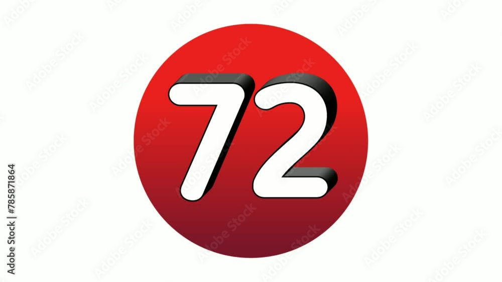 Poster 3d number 72 seventy two sign symbol animation motion graphics icon on red sphere on white backgroun