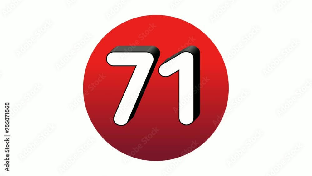 Poster 3d number 71 seventy one sign symbol animation motion graphics icon on red sphere on white backgroun