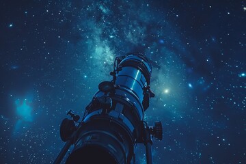 A telescope against the backdrop of the night sky. - obrazy, fototapety, plakaty