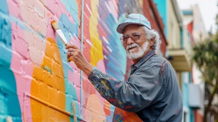 Elderly Artist Painting Vibrant Mural in Creative Neighborhood