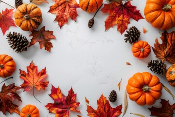 Copy space in center of the photo, with autumn leaves, pumpkins, and pine cones arranged around the edges.  white background.
