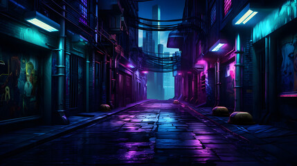 tunnel in the night.Animated Stream. Dark street in cyberpunk city gloomy alley with neon.A vibrant...