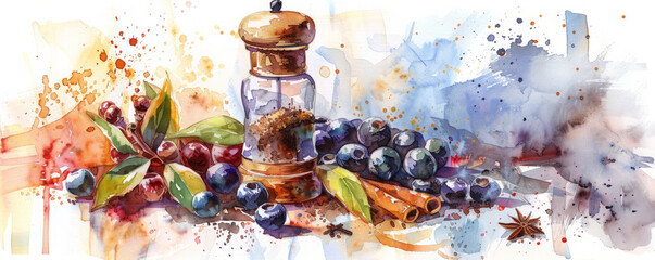 Watercolour Cooking ingredients and other seasonings.