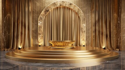 Designed with utmost attention to detail this deluxe gold podium creates a stunning focal point for any runway show or awards ceremony . .