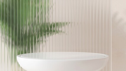 White luxury table podium, green palm tree, reeded fluted glass partition in sunlight on beige wall...