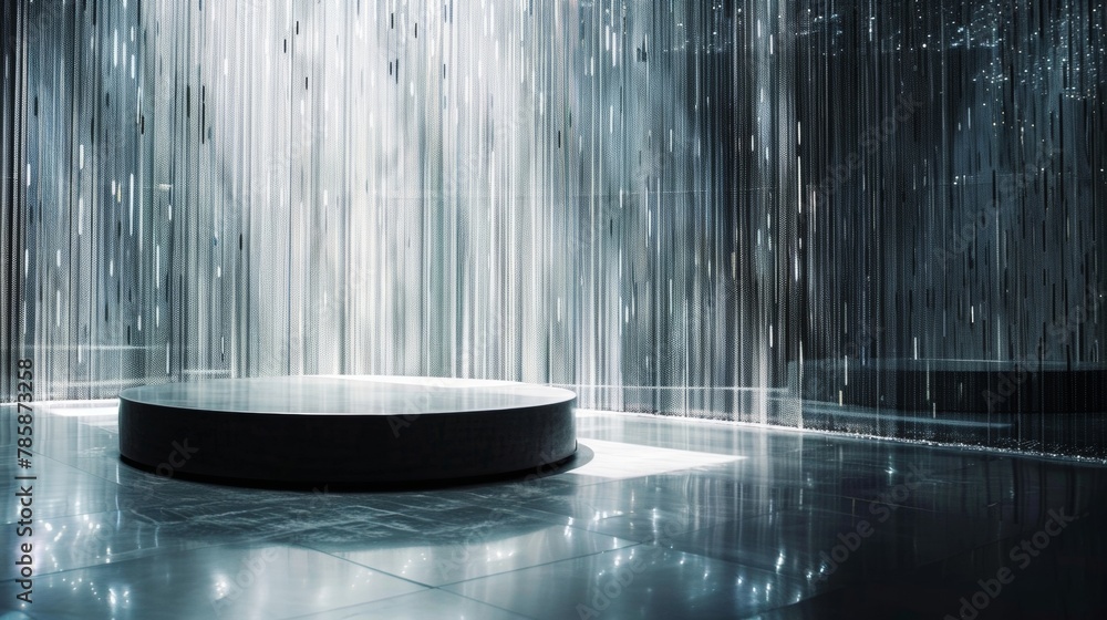 Poster glittering fragments of light dance and play on the sleek surface of the podium giving the impressio