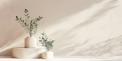 Spring product podium with green plant. Minimalistic modern banner