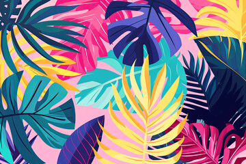 Abstract colorful background made of tropical leaves, branches . Nature banner - obrazy, fototapety, plakaty