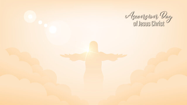 design for celebration of the Ascension of Jesus Christ. with ornaments of heavenly clouds, hills, Jesus, cross and light