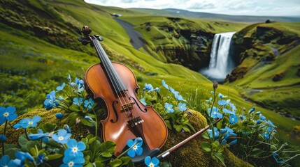 A violin lying evenly on a grassy hill with blue flowers and a waterfall, bluish sky with white clouds - obrazy, fototapety, plakaty