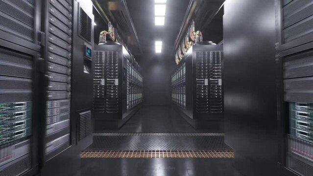 Modern Data Network Center Servers. Cloud Computing, E-Commerce Upload Download Data. Mining Farm, Storage And Database In The Server Room