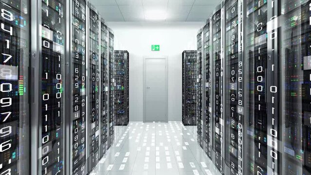Modern Data Network Center Servers. Cloud Computing, E-Commerce Upload Download Data. Mining Farm, Storage And Database In The Server Room